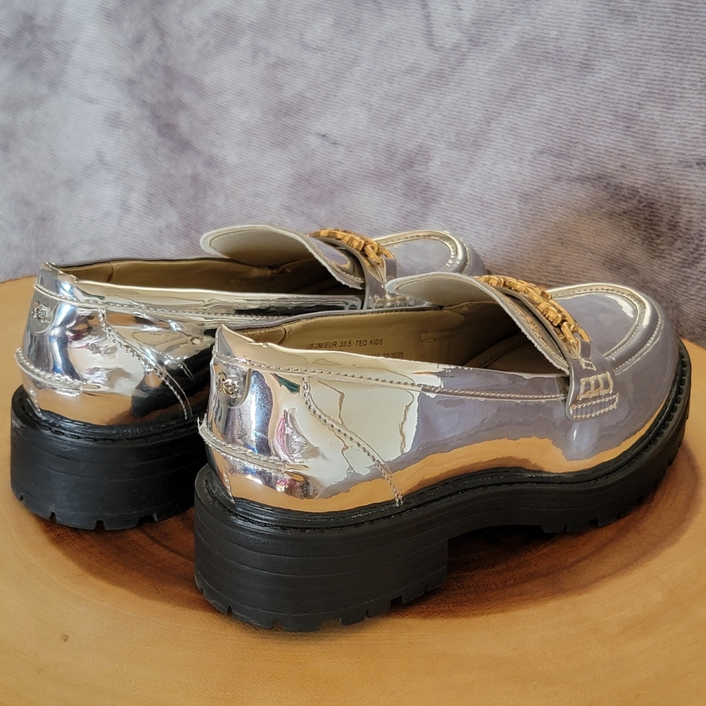Sam Edelman Kids Sz 2 Teo Platform Metallic Silver Loafers with Gold Chain - Picture 5 of 16